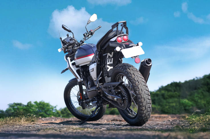 Six fresh colour options – three matte and three gloss. 2025 Yezdi Adventure rear outdoor shot
